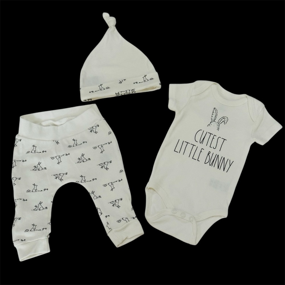 Rae Dunn Baby Cutest Little Bunny Easter Outfit Size 3-6M Off-White Black 3 Pc.